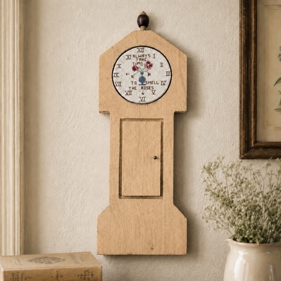 Handmade Other - Vintage Cross Stitch Grandfather Clock Wall Plaque Roses Primitive Folk Art